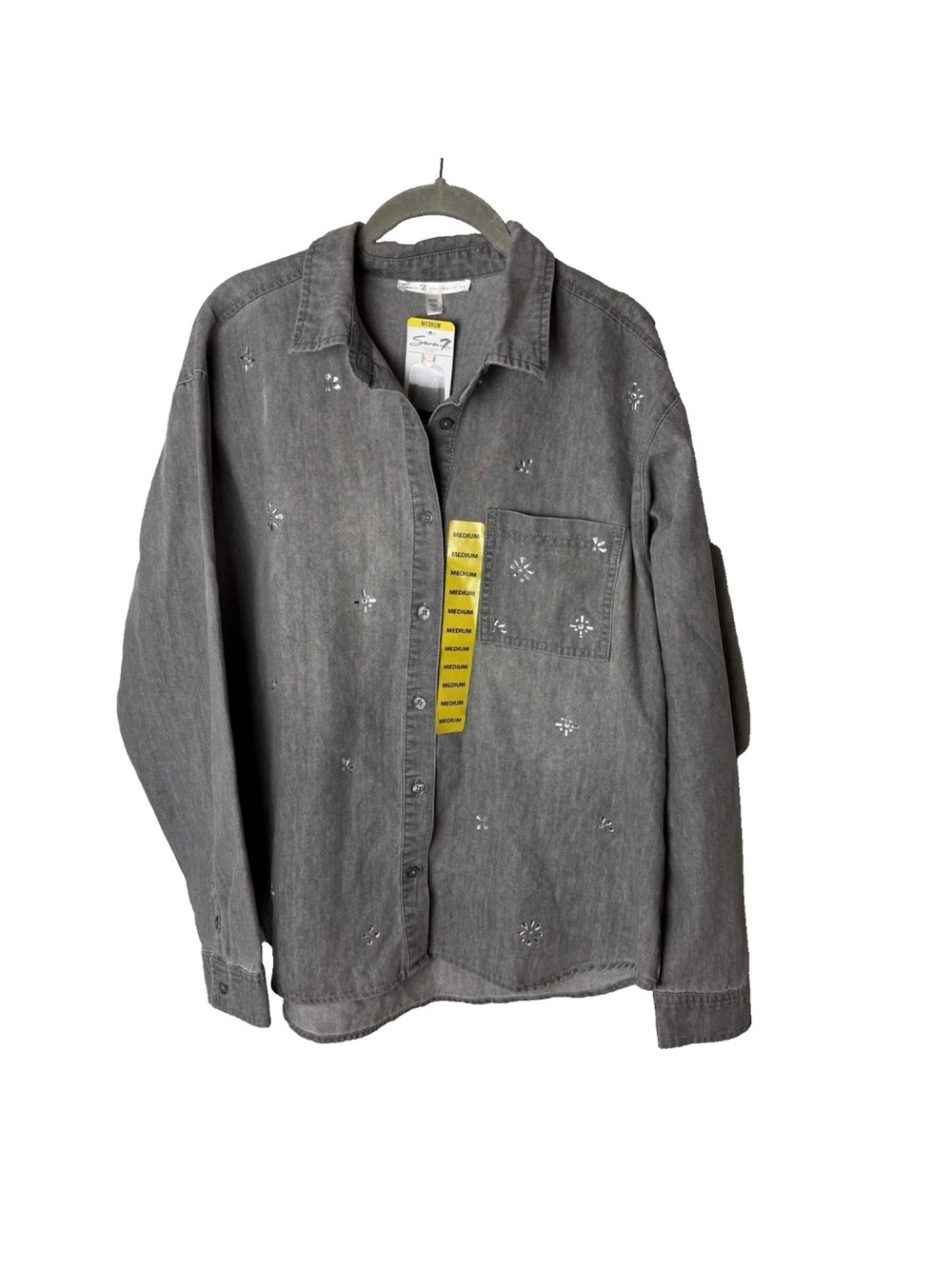 NEW Seven7 Women's Denim Shirt Size Medium Smoke Gray Rhinestone Embellishments
